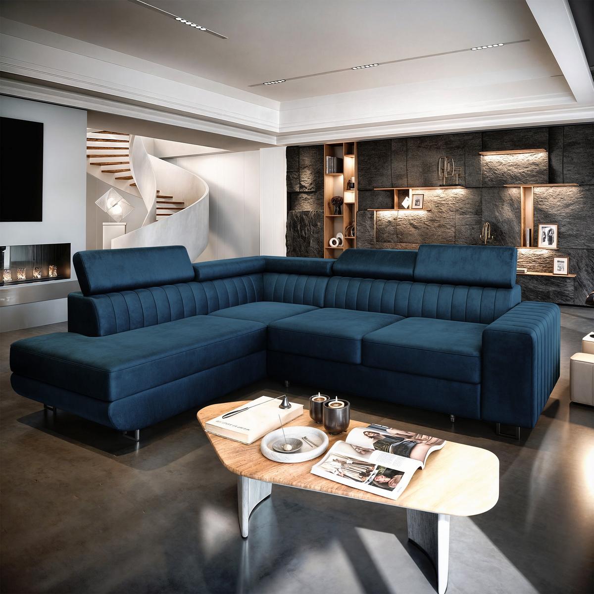 ECKSOFA NOLA L-S Blau Velours-Stoff mit Schlaffunktion - Blau/Silberfarben, Holz/Textil (253/190cm) - MASSENO