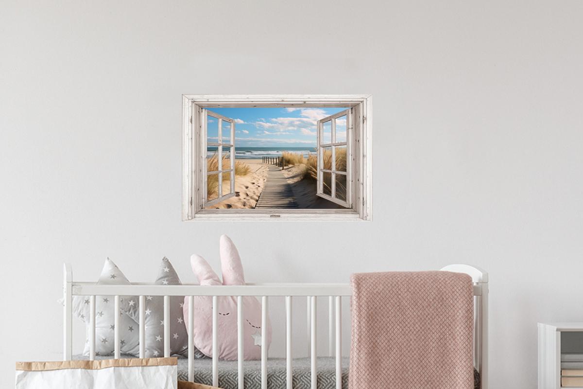 WANDTATTOO Fenster - Meer - Küste - Natur - Ausblick - Strand - Wattenmeer Deko Wohnzimmer 60x40 cm - Beige, Kunststoff (60/40/0.1cm) - MuchoWow