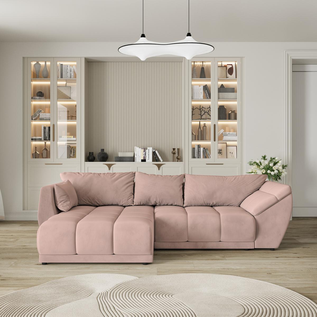ECKSOFA ORENTI L-S Rosa Velours-Stoff mit Schlaffunktion - Rosa, Holz (287/182cm) - MASSENO
