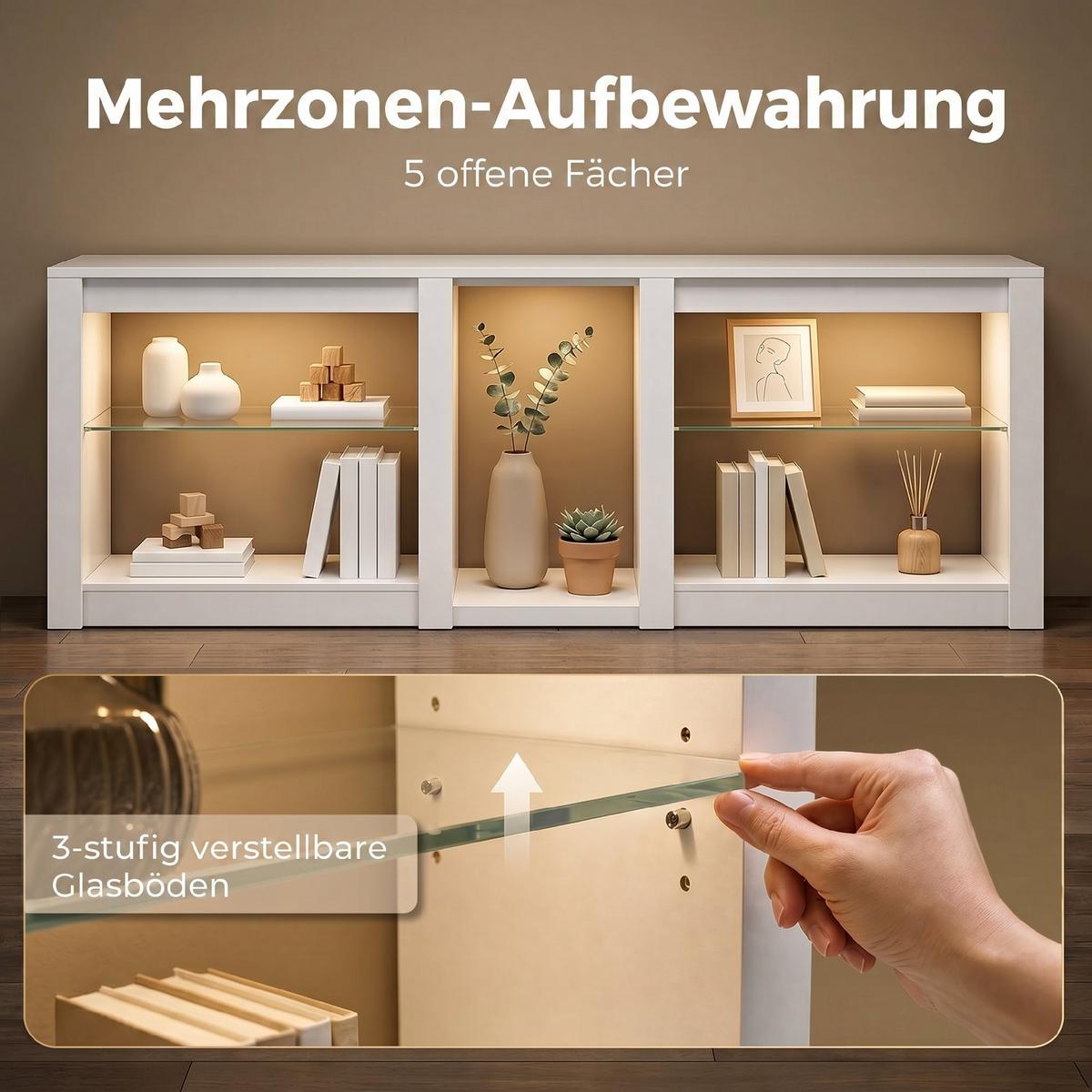 TV-LOWBOARD Spanplatte Glas Weiß - Weiß Hochglanz, Glas/Holzwerkstoff (35/52/160cm) - HOMCOM