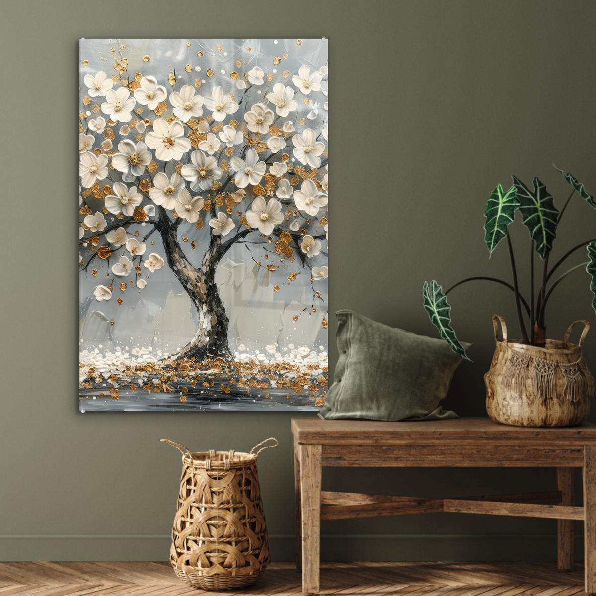 ACRYLGLASBILD Baum - Blumen - Weiß - Natur - Kunst 80x120 cm - Weiß, Glas (80/120cm) - MuchoWow