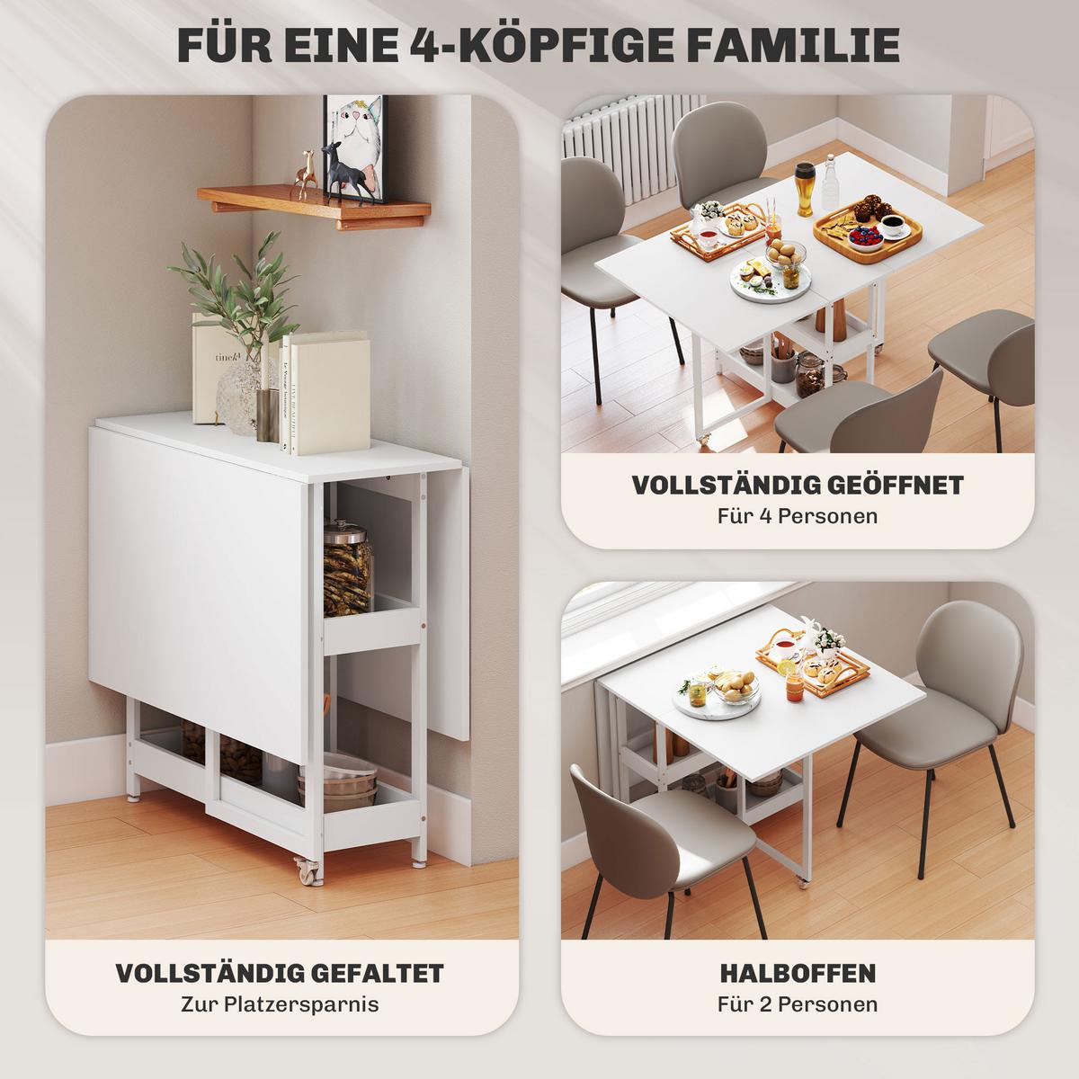 ESSTISCH Klappbar Küchentisch für 2-4 Personen mit 2 Offenen Ablagen, Rollen - Weiß, Holz (133.4/80/75cm) - HOMCOM