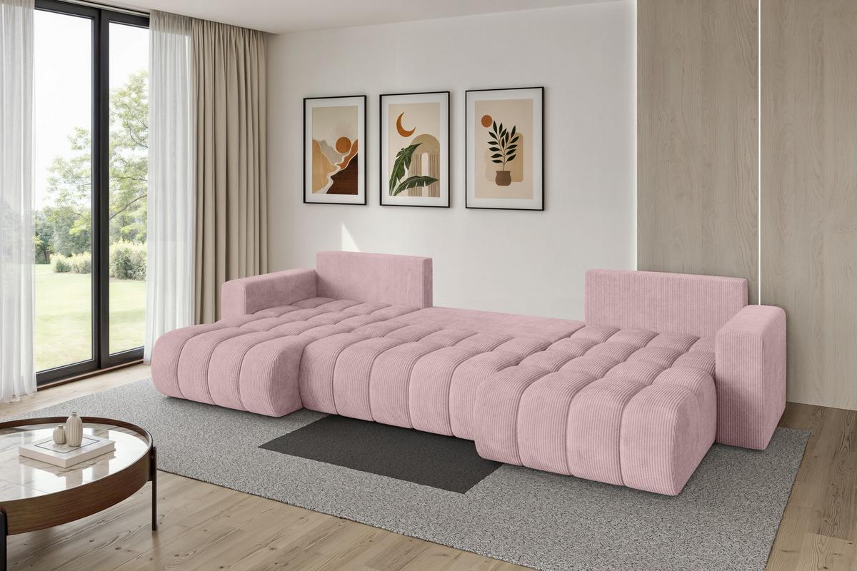 WOHNLANDSCHAFT mit Schlaffunktion und Bettkasten MILA-U-v1 378x194x86 Rosa Cord - Schwarz/Rosa, Holzwerkstoff/Kunststoff (378/86/194cm) - ALTDECOR