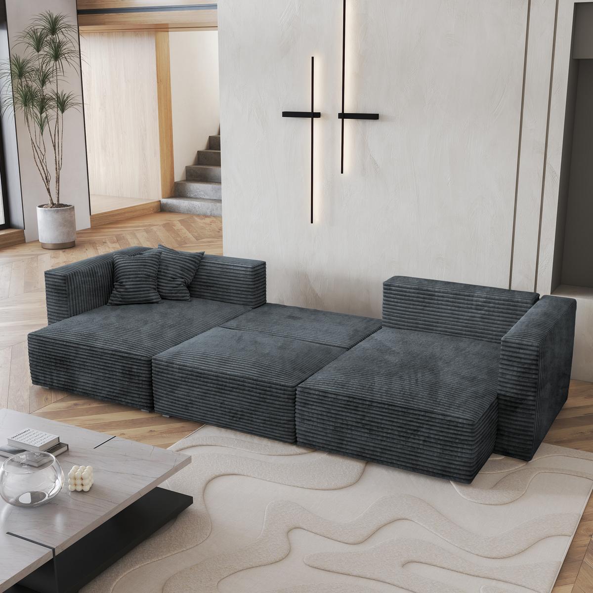 WOHNLANDSCHAFT SARMO Grau Kordstoff mit Schlaffunktion - Grau, Holz/Kunststoff (347/90/148cm) - MASSENO