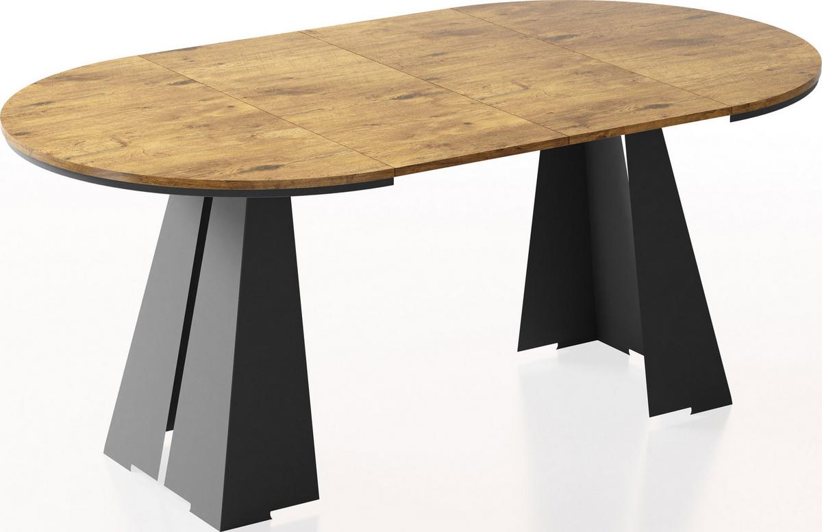 ESSTISCH Kova runder ausziehbarer, Lancelot Eiche 120-200/120/76 cm - Eichefarben/Schwarz, Holzwerkstoff/Metall (120/196/76cm) - WFL GROUP