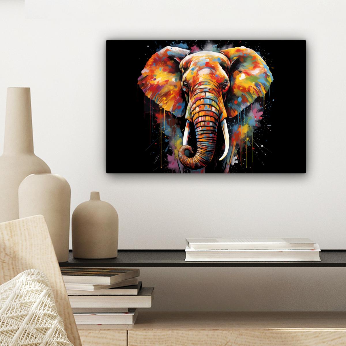 LEINWANDBILD Elefant - Graffiti - Schwarz - Tiere - Farben Deko Schlafzimmer 30x20 cm - Schwarz, Textil (30/20cm) - MuchoWow