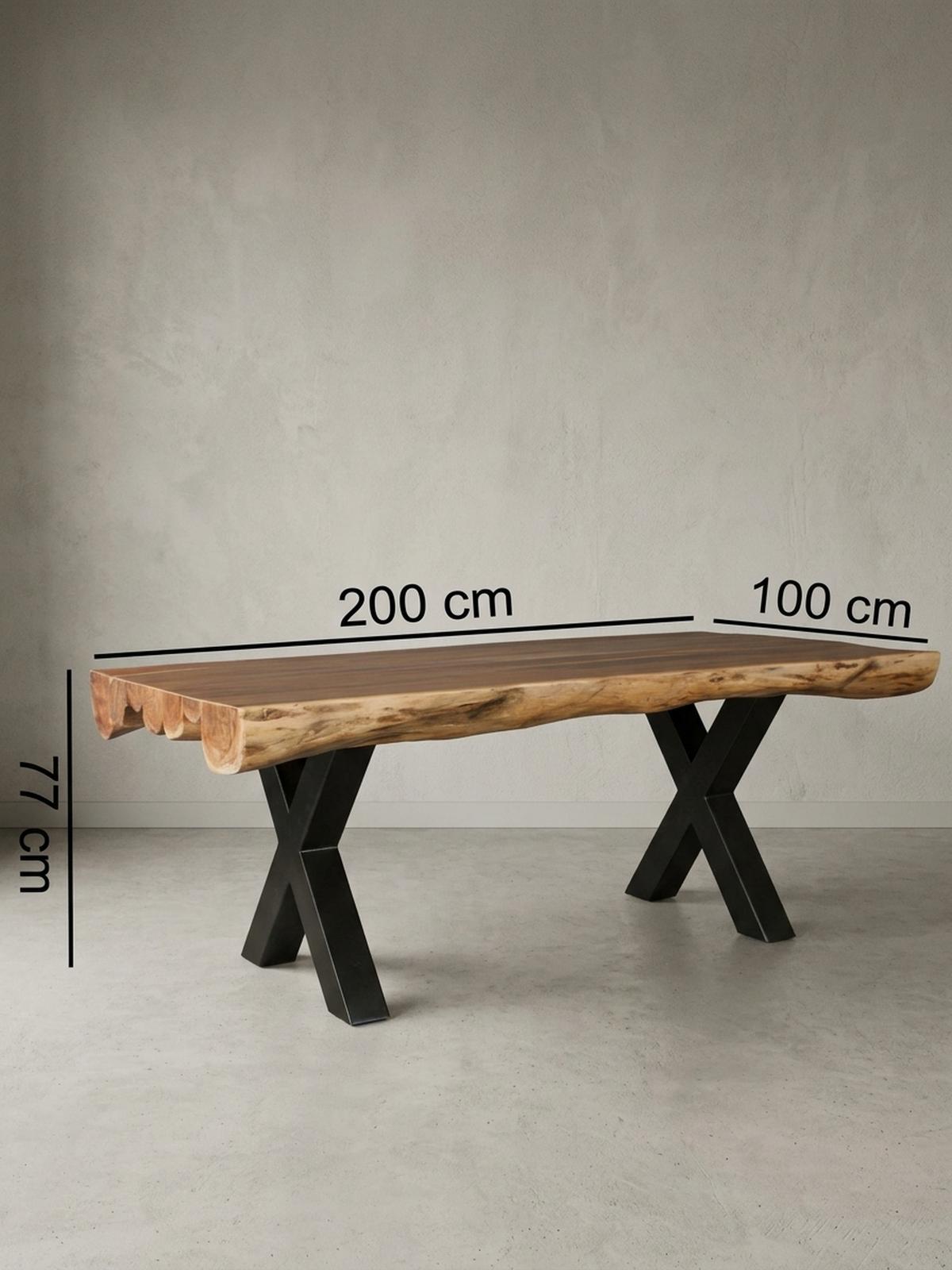 ESSZIMMERTISCH – Akazie Massivholz 200x100x77 cm X-Gestell Natur Schwarz - Beige/Schwarz, Holz/Metall (200/100/77cm) - KADIMA DESIGN