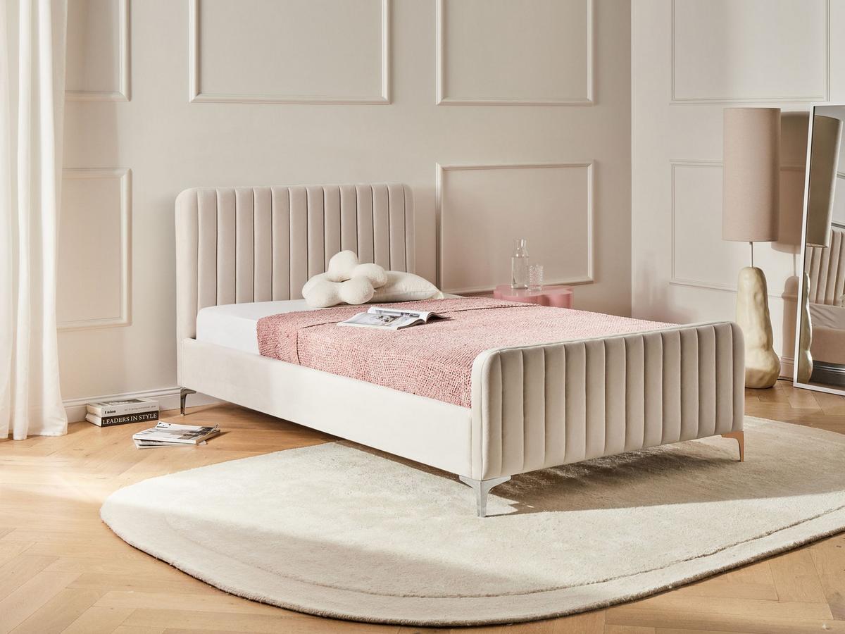BETT mit Lattenrost 120/200 cm Hellbeige Lunan - Beige/Silberfarben, Textil (120/200cm) - Beliani