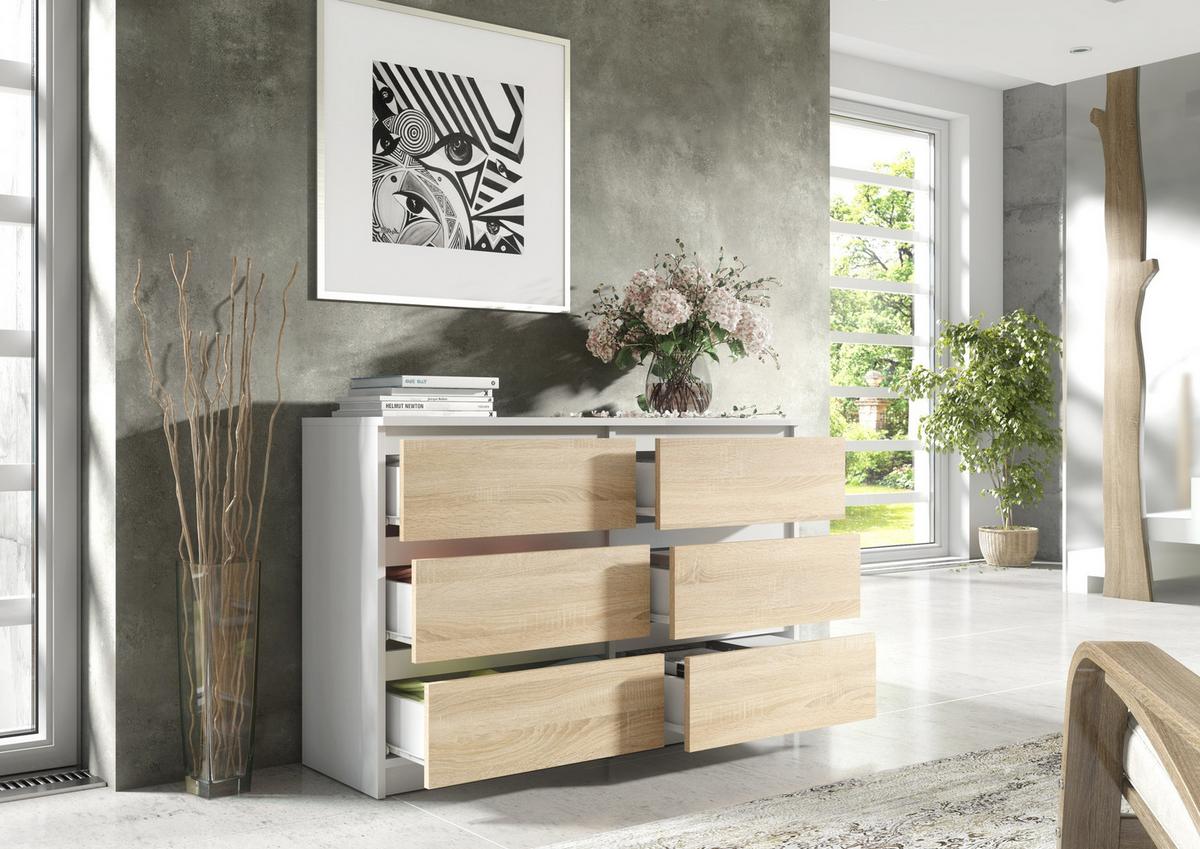 KOMMODE Weiß , Sonoma 120/79/39 - Weiß/Sonoma Eiche, Holzwerkstoff (120/79/39cm) - RAUMHIRSCH FURNITURE