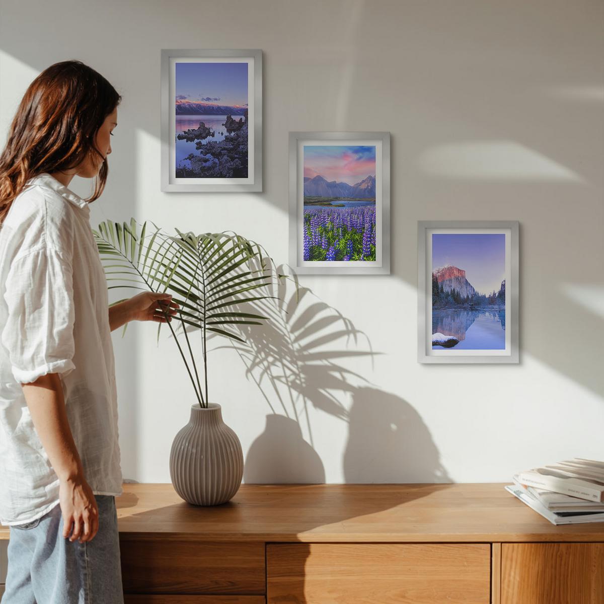 BILDER SET 3er Set - 20x30 cm Silberner Rahmen - Berglandschaften mit Wasser und Himmel - Silberfarben, Kunststoff (20/30cm) - TULUP