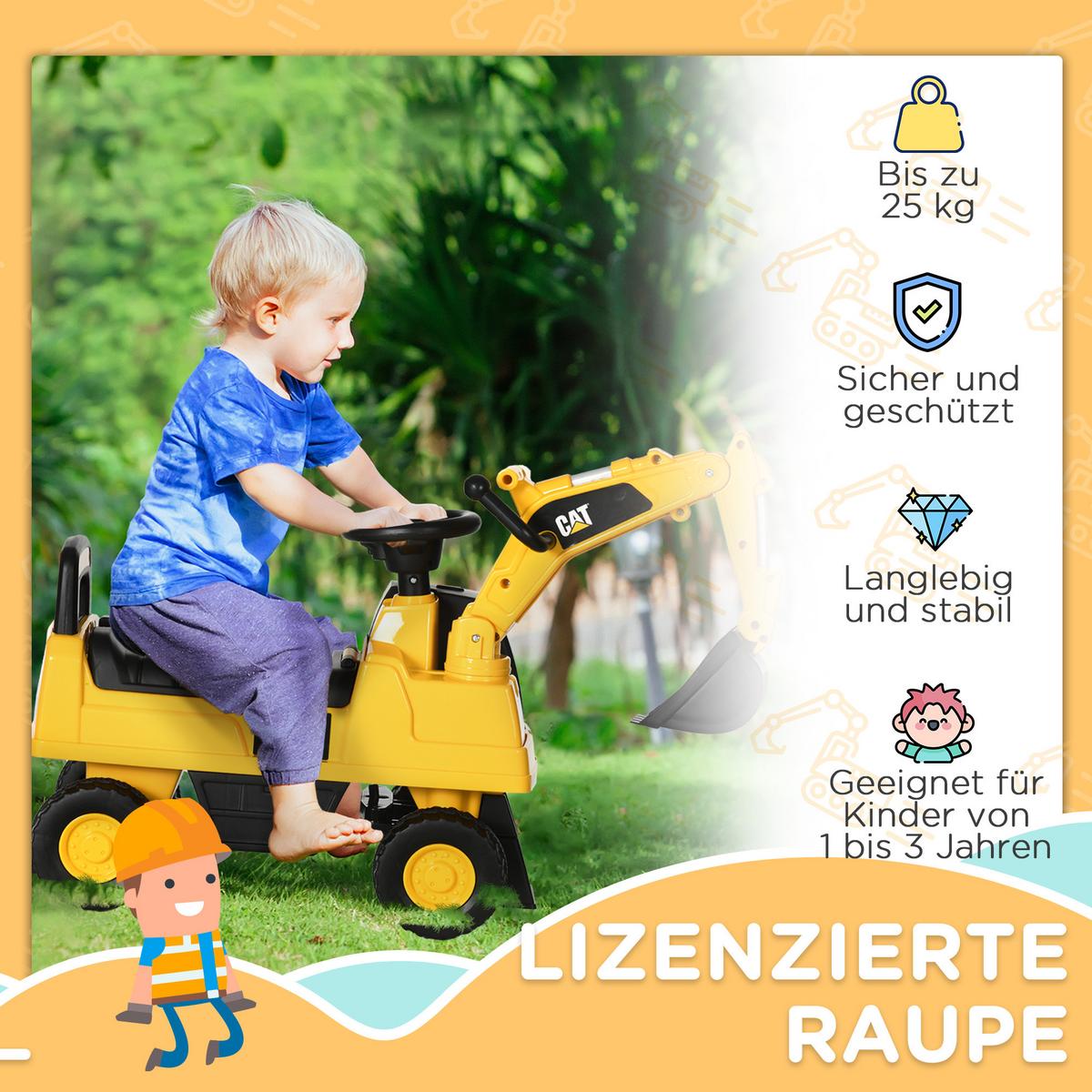SITZBAGGER, Rutscherfahrzeug mit steuerbarer Schaufel, Aufsitzbagger, Rutschauto - Gelb, Kunststoff (85/27.5/47.5cm) - HOMCOM