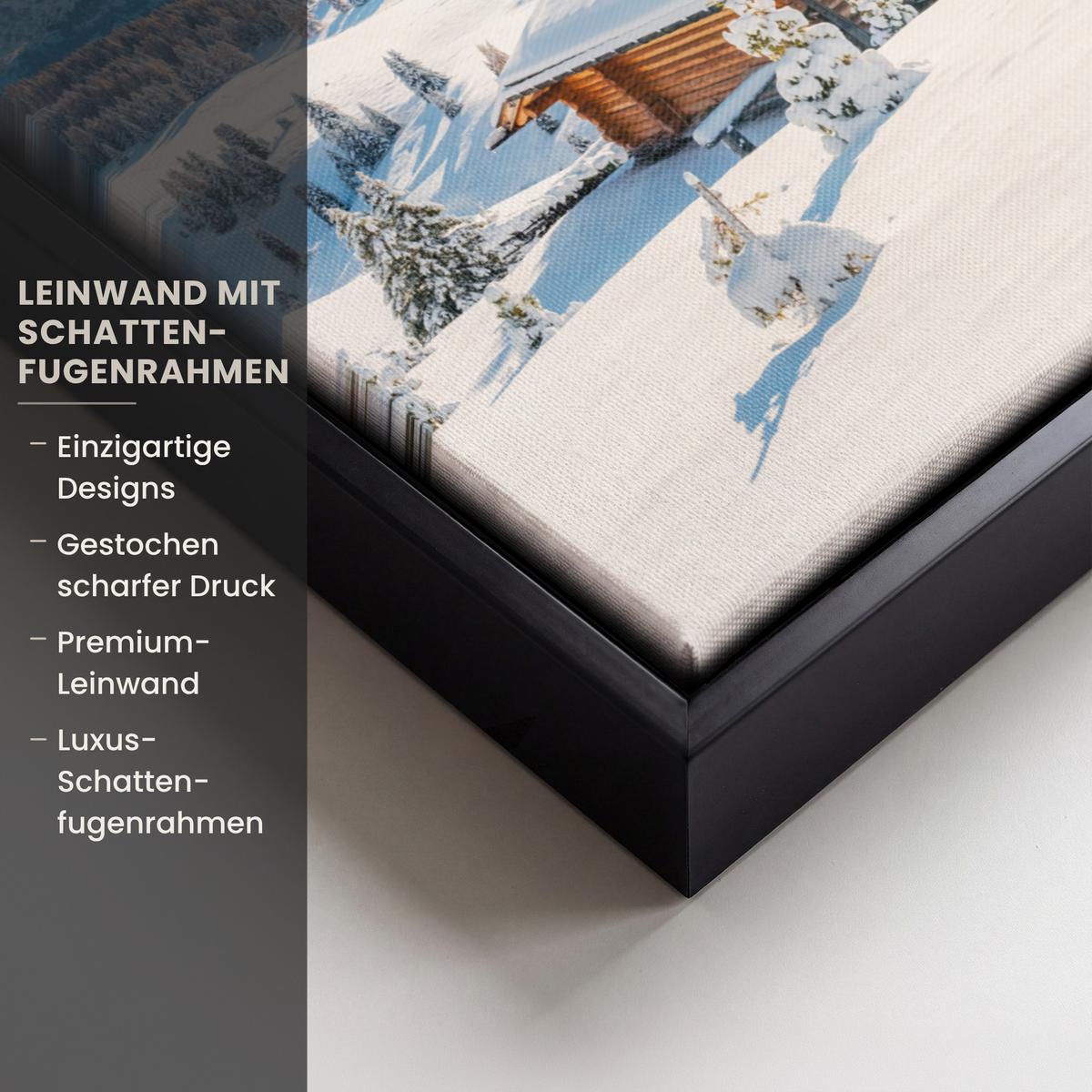 LEINWAND Bilder mit Rahmen - Winter - Hütte - Berge - Aussicht - Schnee - 30x40 - Eichefarben, Textil (30/40cm) - MuchoWow