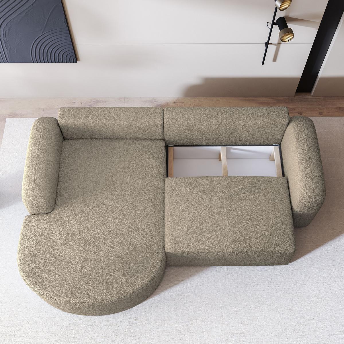 ECKSOFA AMILIA L-S Beige Boucle-Stoff mit Schlaffunktion - Beige, Holz (263/174cm) - MASSENO