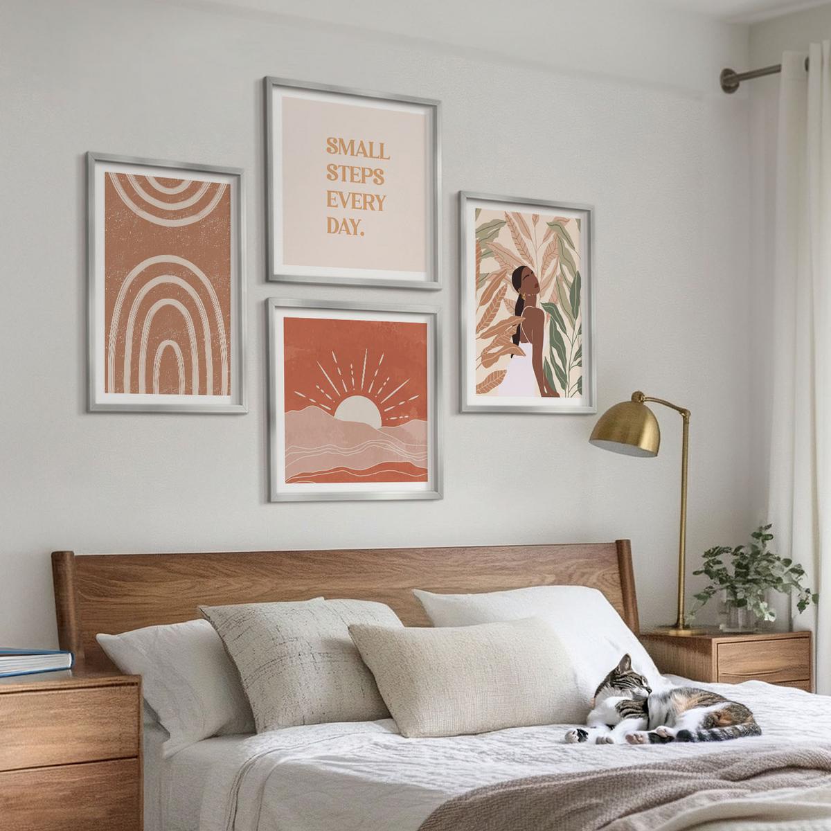 BILDER SET 4er Set - 50x50 cm & 40x60 cm Silberner Rahmen - abstrakte Formen im Boho-Stil - Silberfarben, Kunststoff (50/50cm) - TULUP