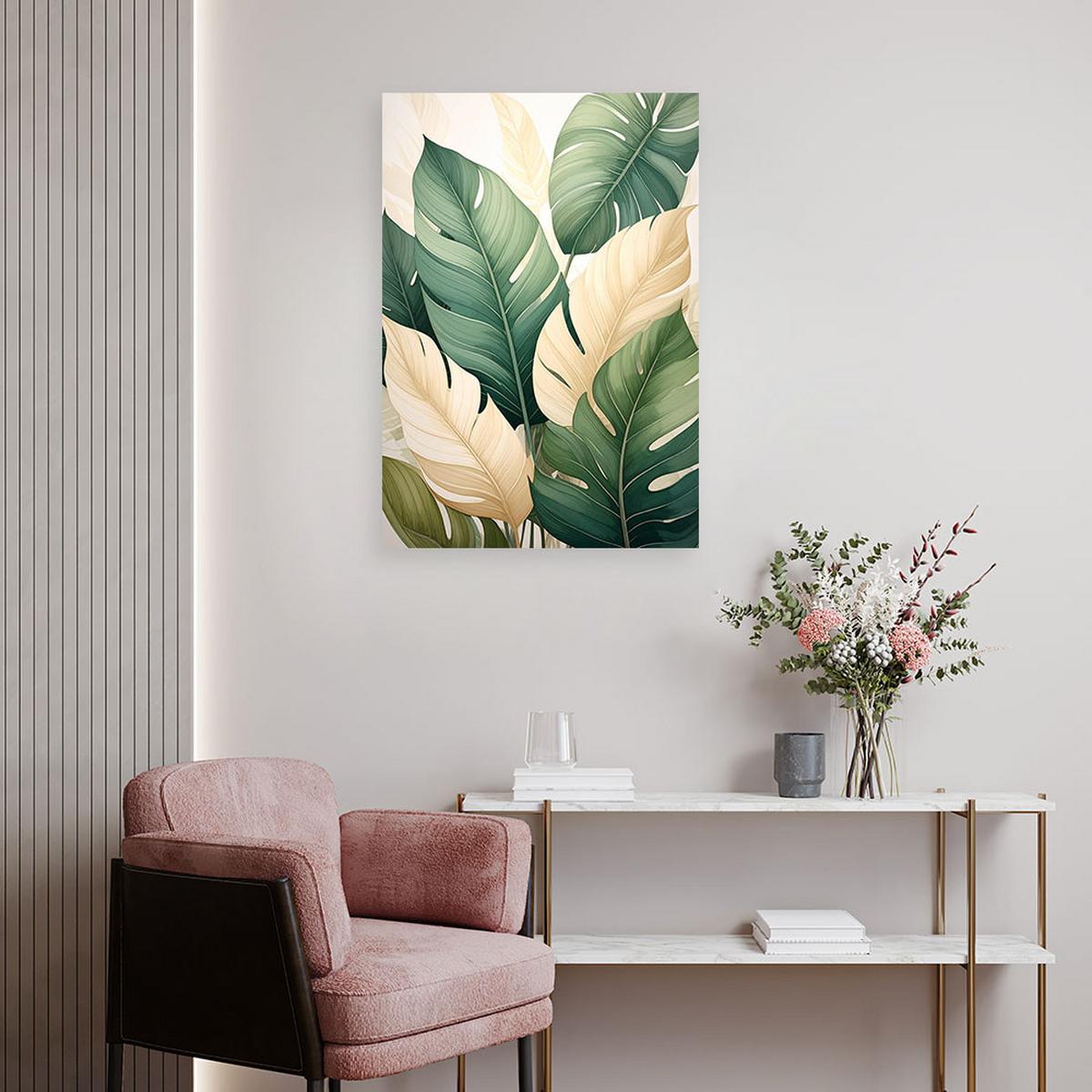 WANDBILD, Grüne und cremefarbene tropische Blätter in einer natürlichen Komposition - Grün, Textil (80/120cm) - Feeby