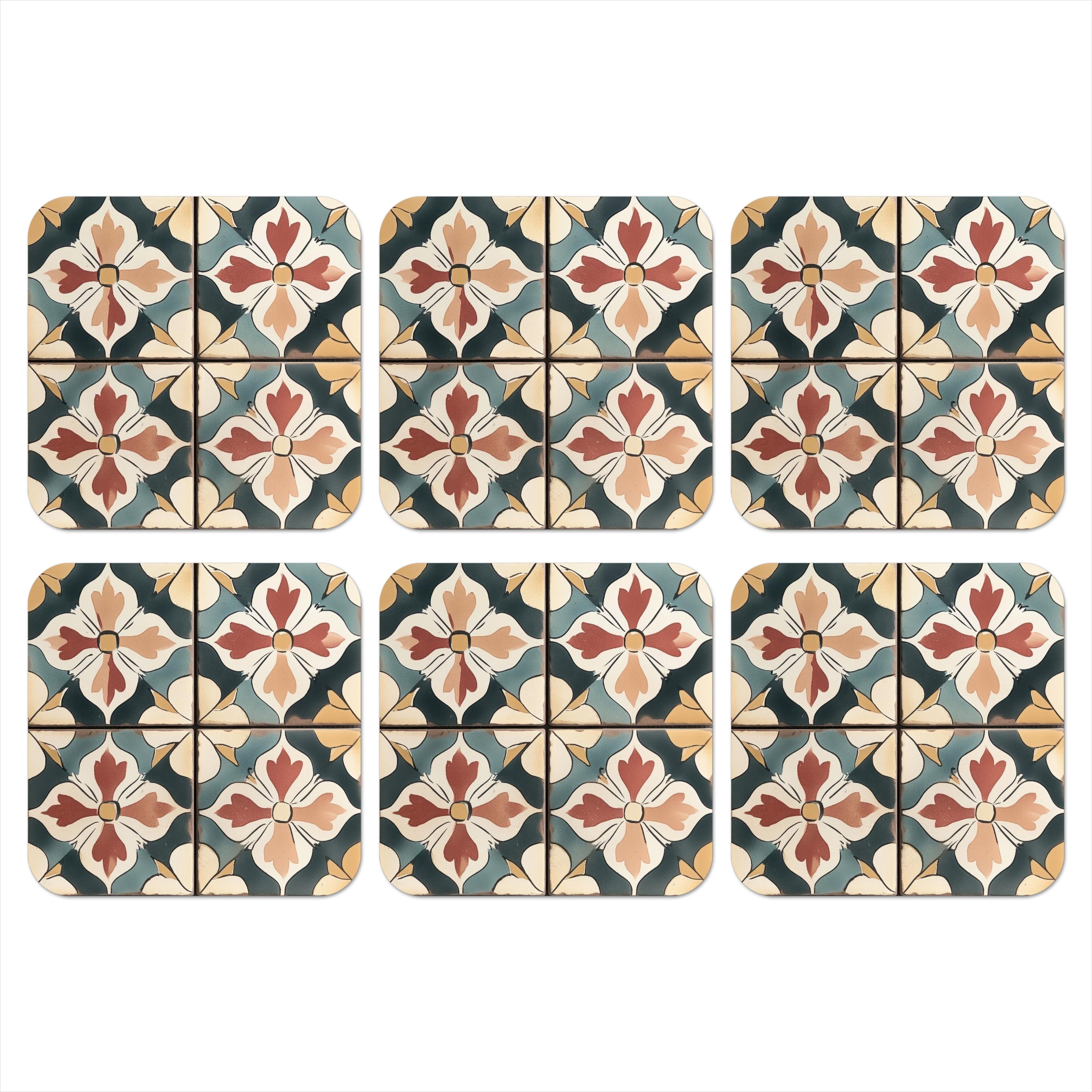 GLASUNTERSETZER 6er-Set Dekorationen - Kacheln - Spanisch - Vintage 10x10 cm - Petrol, Naturmaterialien (10/0.2cm) - MuchoWow