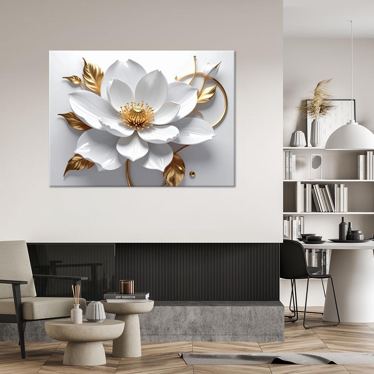LEINWANDBILDER, Weiße Blumen goldene Blätter 3D - Weiß, Textil (120/80cm) - Feeby