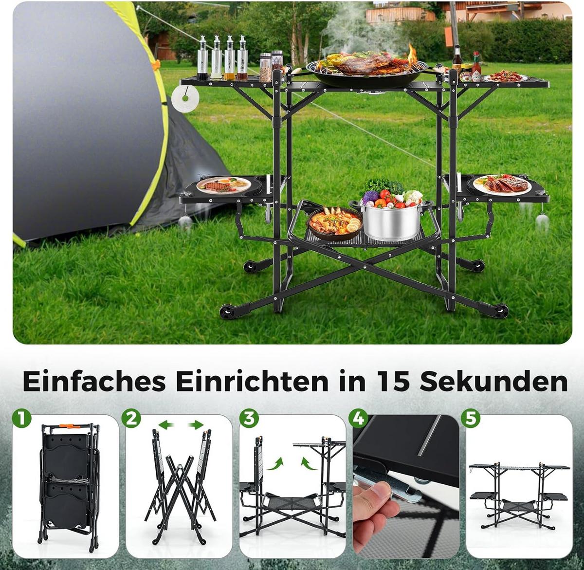 CAMPINGKÜCHE Schwarz - Schwarz, Metall (54/135/88cm) - COSTWAY