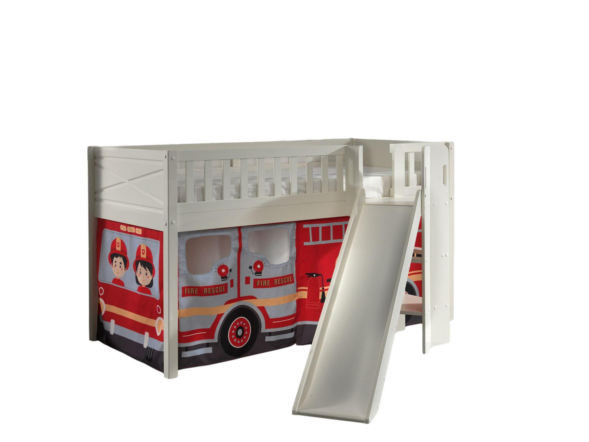 HOCHBETT mit Rutsche Karyl Massivholz Weiß Textilset Feuerwehr - Weiß/Dunkelrot, Holz (90/200cm) - 58aufmkessel