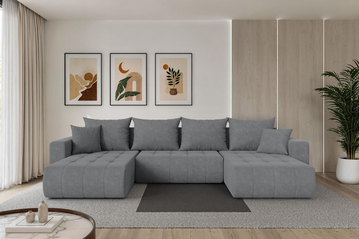 WOHNLANDSCHAFT mit Schlaffunktion und Bettkasten MILA-U 378x194x86 Grau Velours - Taupe/Schwarz, Holzwerkstoff/Kunststoff (378/86/194cm) - ALTDECOR