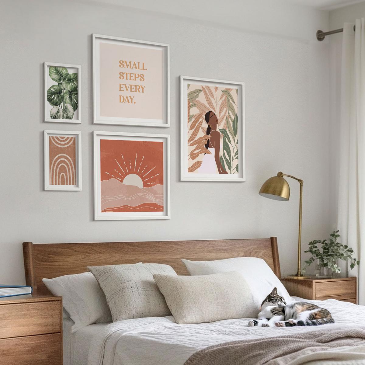 BILDER SET 5er Set - 50x50 cm & 20x30 cm & 40x60 cm Weißer Rahmen - abstrakte Formen im Boho-Stil - Weiß, Kunststoff (40/60cm) - TULUP