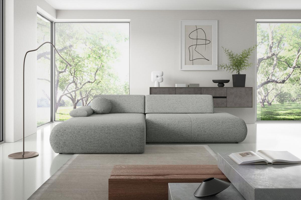 ECKSOFA DELTA L-S Grau Geflochtener Stoff mit Schlaffunktion - Grau, Holz (286/173.5cm) - MASSENO
