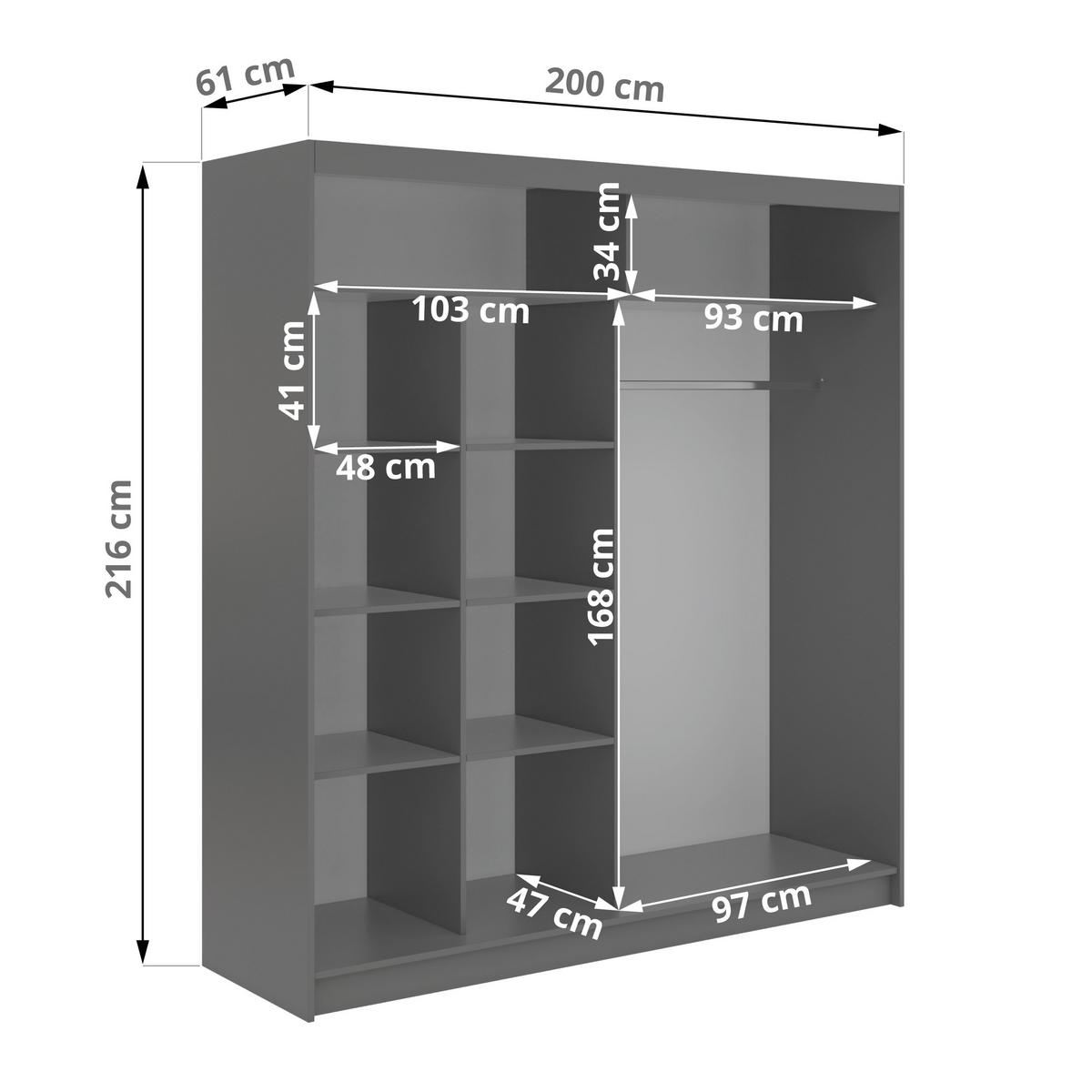 SCHWEBETÜRENSCHRANK mit Spiegel LAOS - 200 - Grau - Weiß Lamellen - Alufarben/Weiß, Holzwerkstoff/Metall (200/216/61cm) - MKS