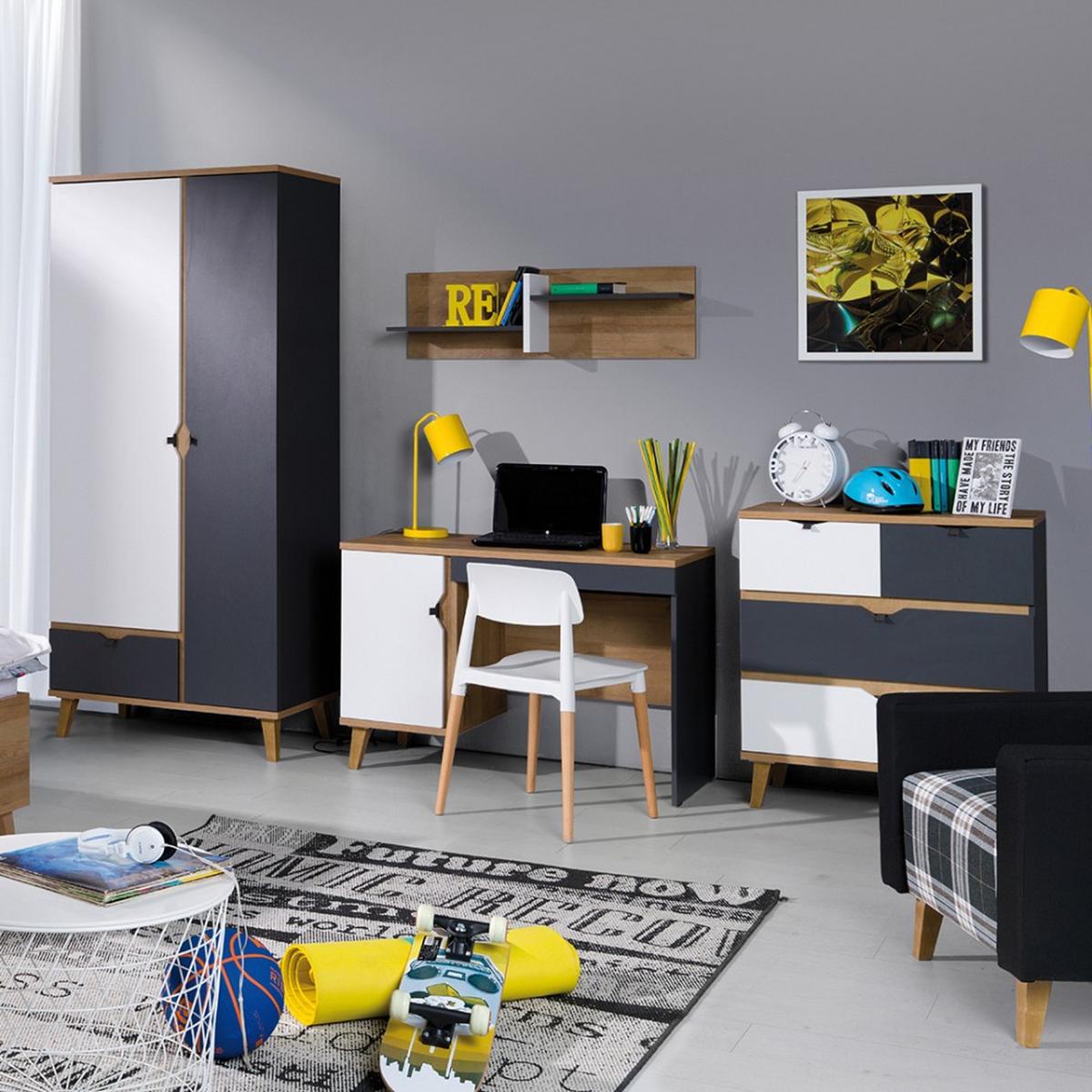 LOWBOARD Moreno mit 1 Tür und 1 Schublade, Eiche gold/mattweiß/graphit - Eichefarben/Graphitfarben, Holzwerkstoff/Kunststoff (120/48/40cm) - Beautysofa