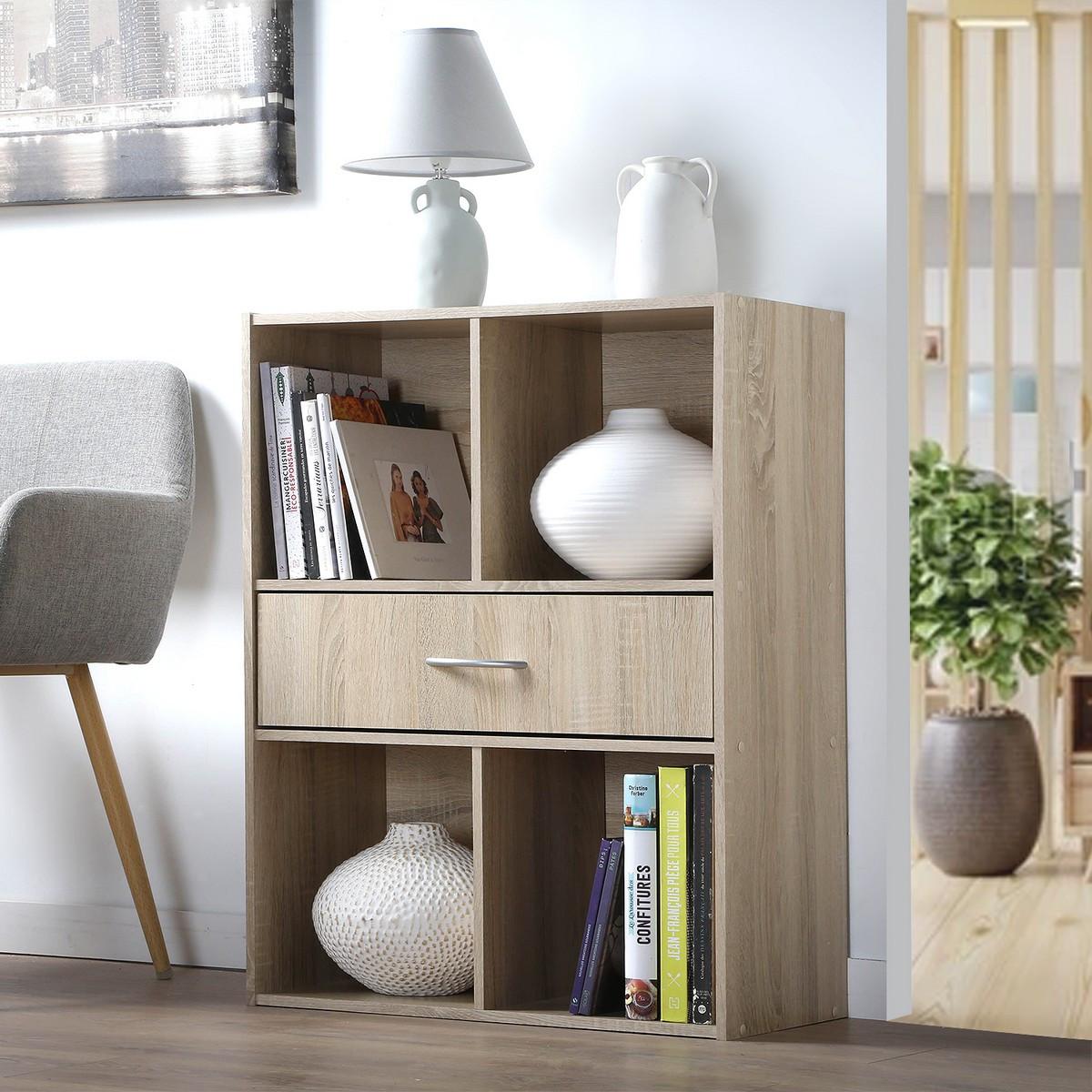 AUFBEWAHRUNGSREGAL 4 Fächer mit einer Schublade - Eschefarben, Holzwerkstoff (29.5/80/62cm) - Calicosy