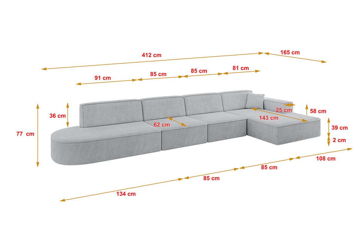 ECKSOFA Ottomane Rechts IREA-L3-v4 - 412x165x77 cm Grau - Hellgrau/Grau, Holzwerkstoff/Textil (412/165cm) - ALTDECOR
