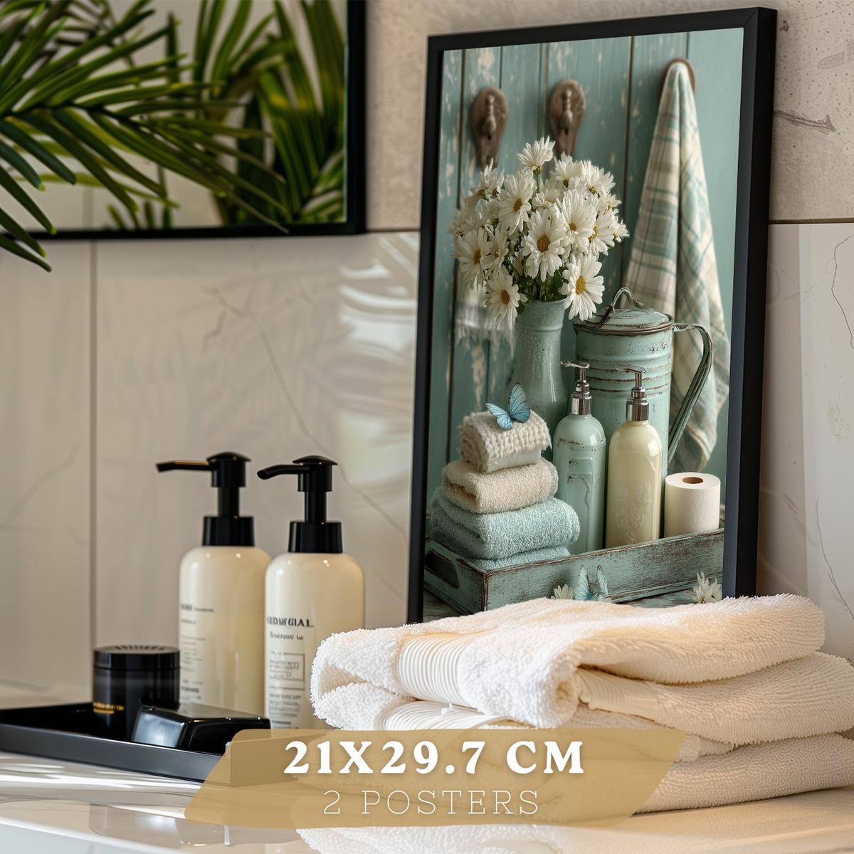 POSTER Set mit 2 dekorativen Badezimmer-Drucken, Shabby Chic Blumenposter für Wand, Waschbecken, romantische Dekoration mit Blumen Schwarzer Rahmen A4 - Schwarz, Papier (29.7/21/3cm) - Nacnic