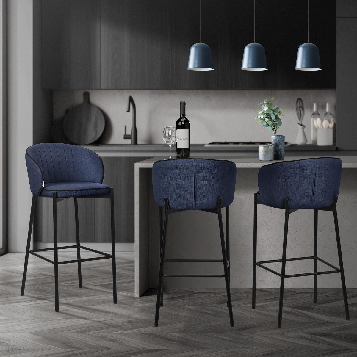 BARHOCKER 2er Set Dunkelblau mit Stoffbezug - Schwarz/Dunkelblau, Textil/Metall (50/101/54cm) - ML-DESIGN