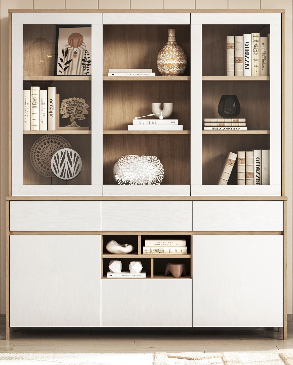 BUFFET weiß, Eiche, Buffetschrank skandinavisch 164 cm mit Soft-Close, Finnes - Eichefarben/Weiß, Glas/Holzwerkstoff (164/195/39cm) - Furn.Design
