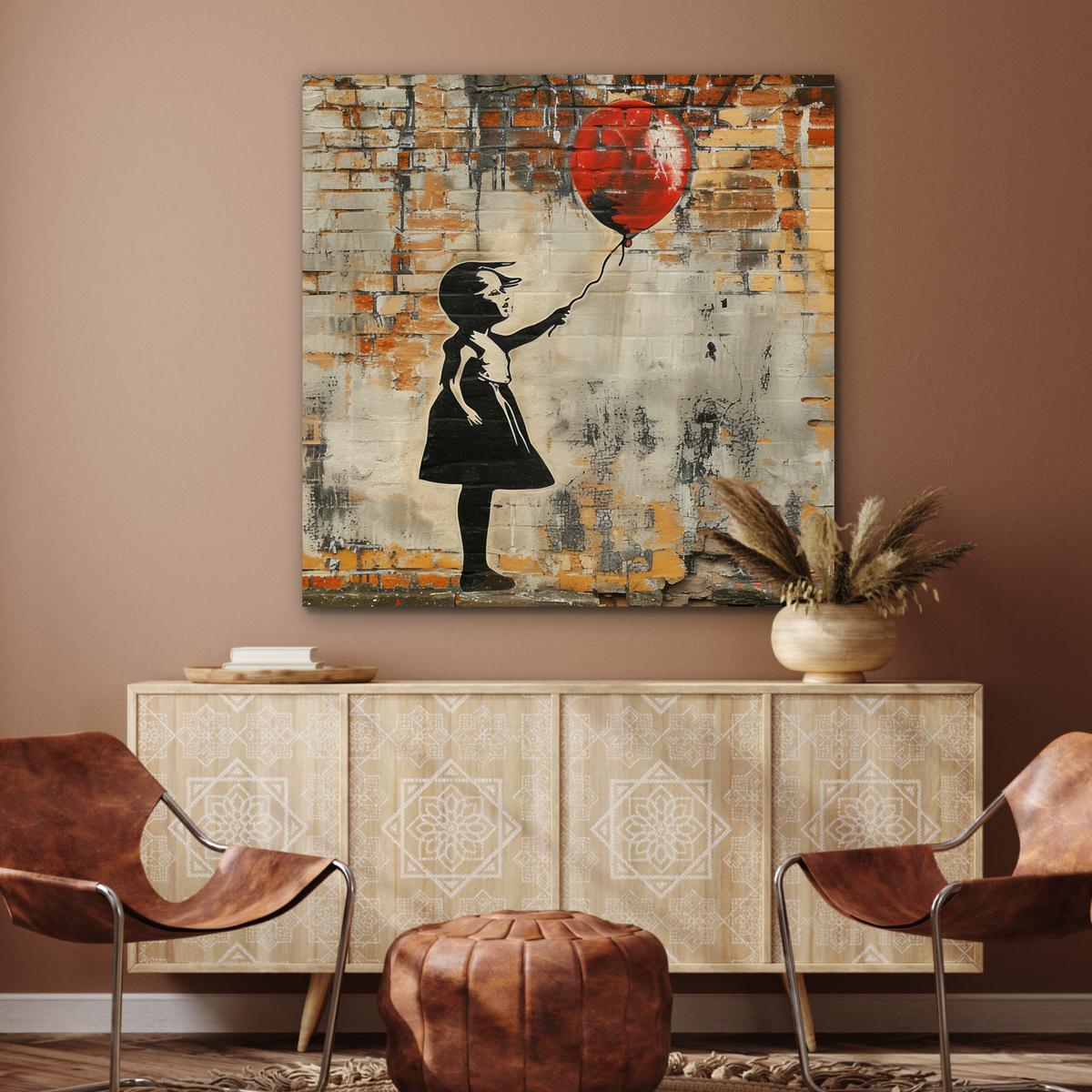METALLBILD Graffiti - Banksy - Mädchen - Straßenkunst 90x90 cm - Sandfarben, Metall (90/90cm) - MuchoWow