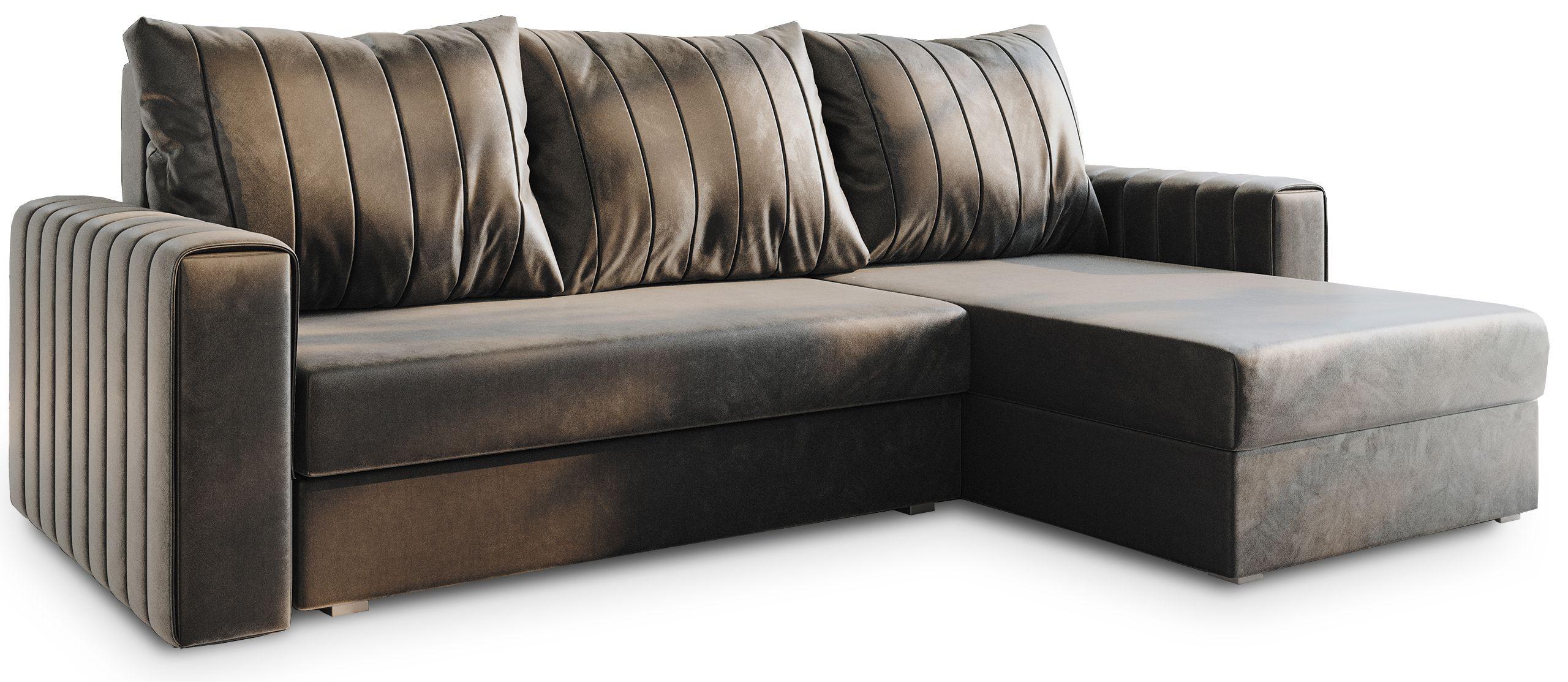 ECKSOFA CARL Grau Plüsch-Stoff mit Schlaffunktion - Grau, Holz/Kunststoff (236/150cm) - MASSENO