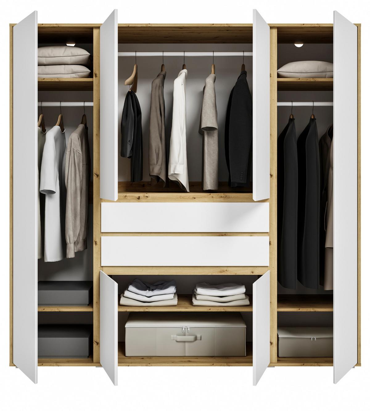 KLEIDERSCHRANK weiß, Eiche Artsian 197 x 194 cm, Drehtürenschrank 6-türig - Silberfarben/Weiß, Holzwerkstoff/Kunststoff (197/194/56cm) - Inn.Furn