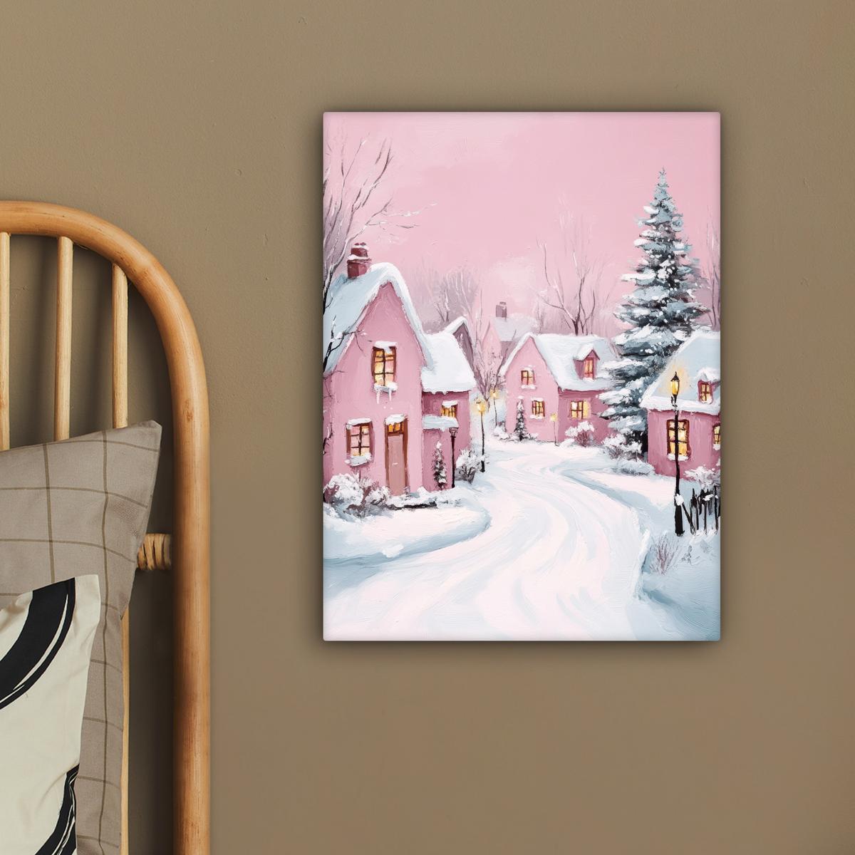 LEINWANDBILD Weihnachtsdorf - Rosa - Winter - Schnee - Häuser Room Decor 30x40 cm - Altrosa, Textil (30/40cm) - MuchoWow