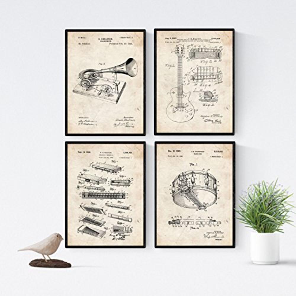 POSTER Set mit 4 Jahrgang Patent für Musikinstrumente A4 Schwarzer Rahmen - Schwarz, Papier (29.7/3cm) - Nacnic