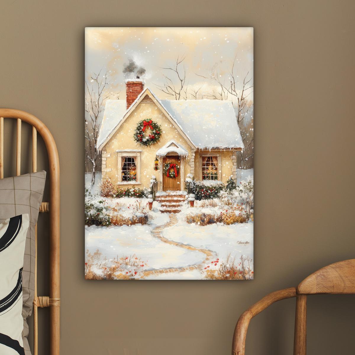 LEINWANDBILD Weihnachten - Zuhause - Winter - Schnee Wanddeko Schlafzimmer 60x90 cm - Creme, Textil (60/90cm) - MuchoWow