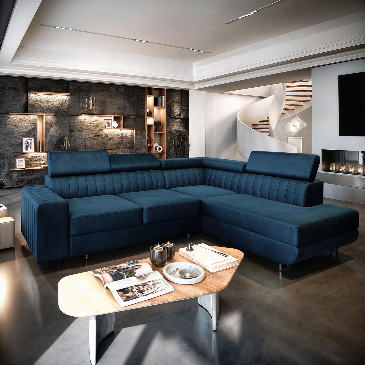 ECKSOFA NOLA R-S Blau Velours-Stoff mit Schlaffunktion - Blau/Silberfarben, Holz/Textil (253/190cm) - MASSENO