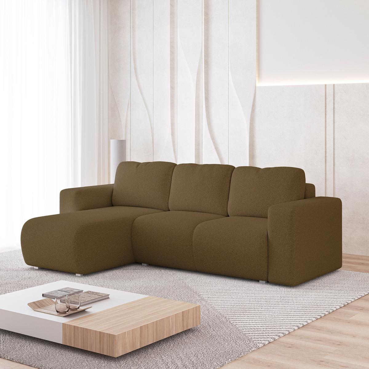 ECKSOFA RINOVA Orange Boucle-Stoff mit Schlaffunktion - Orange, Holz (250/143cm) - MASSENO