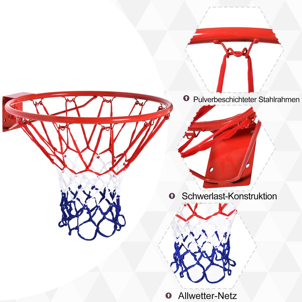 BASKETBALLKORB mit Netz Basketballnetz Metallrohr Rot+Blau+Weiß ø46 cm - Rot, Metall (1.6/46cm) - HOMCOM