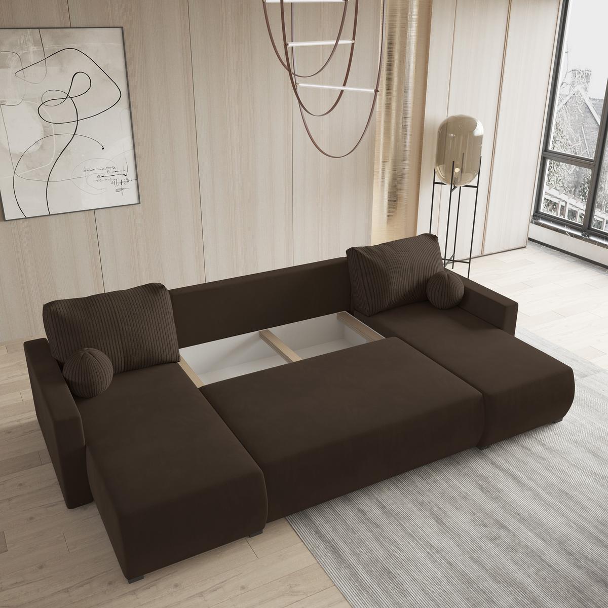WOHNLANDSCHAFT TESSUN Braun Plüsch-Stoff mit Schlaffunktion - Braun, Holz (286/85/143cm) - MASSENO