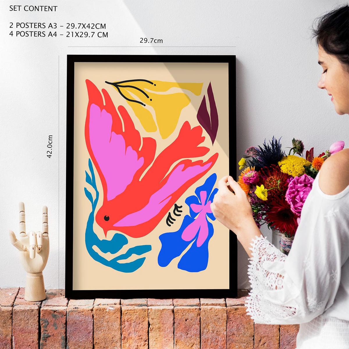 POSTER Set Mit 6 Malerisch 3 In Blume Zusammenfassung Ästhetische Dekorative Gemälde Für Ihr Wohnzimmer Zuhause A3 & A4 Rahmen Aus Hellem Holz - Beige, Papier (29/3cm) - Nacnic
