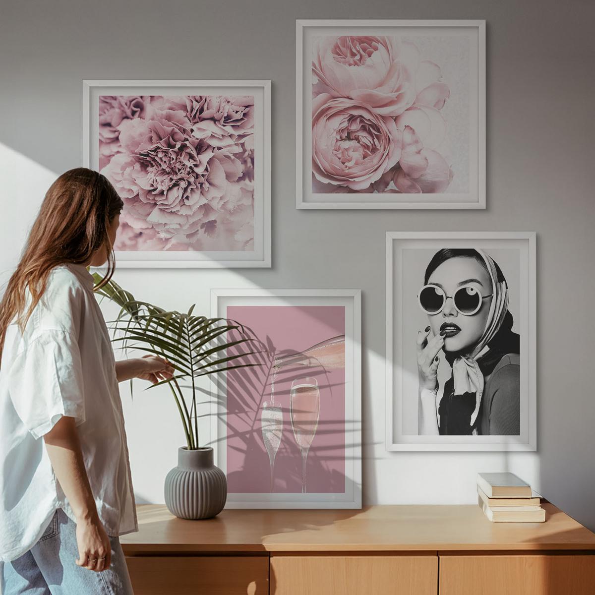 BILDER SET 4er Set - 50x50 cm & 40x60 cm Weißer Rahmen - Blumen, Pfingstrosen, Rosen, Eleganz - Weiß, Kunststoff (50/50cm) - TULUP