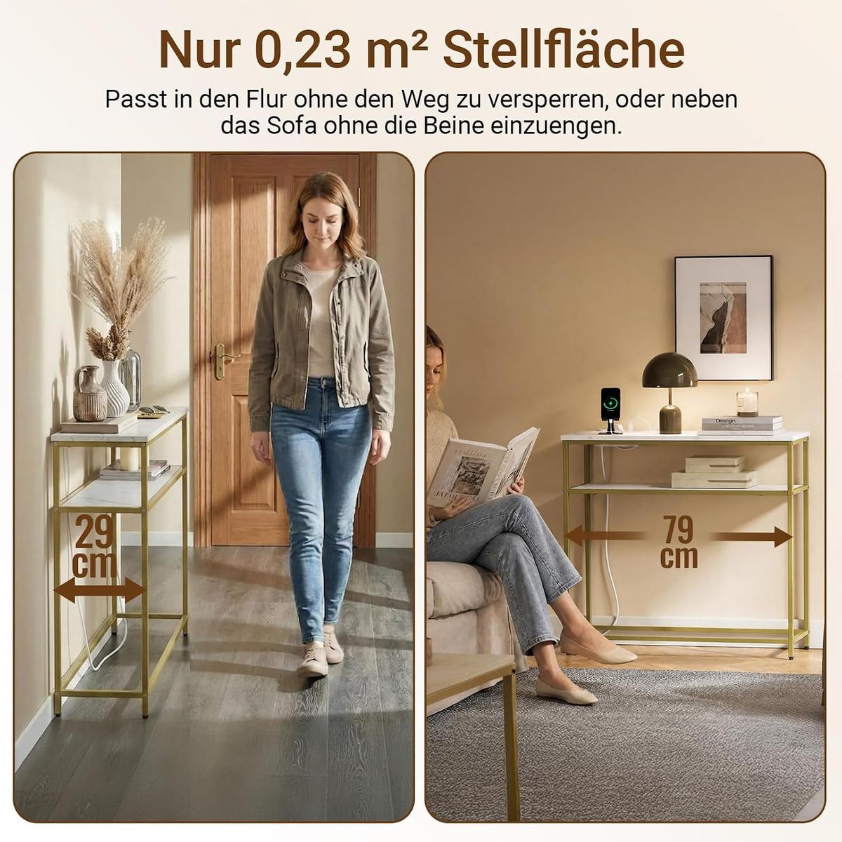 KONSOLENTISCH mit 2 Ablagen und 2 Steckdosen modern 80x30x75 cm - Goldfarben/Weiß, Holzwerkstoff/Metall (30/80/75cm) - SoBuy