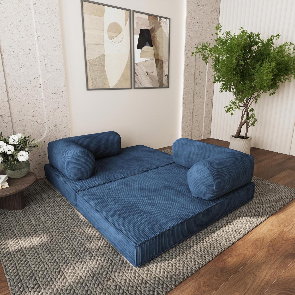 ECKSOFA ETERA modulares Boneless Sofa mit Schlaffunktion Blau Cordstoff - Blau, Textil (270/160cm) - MASSENO