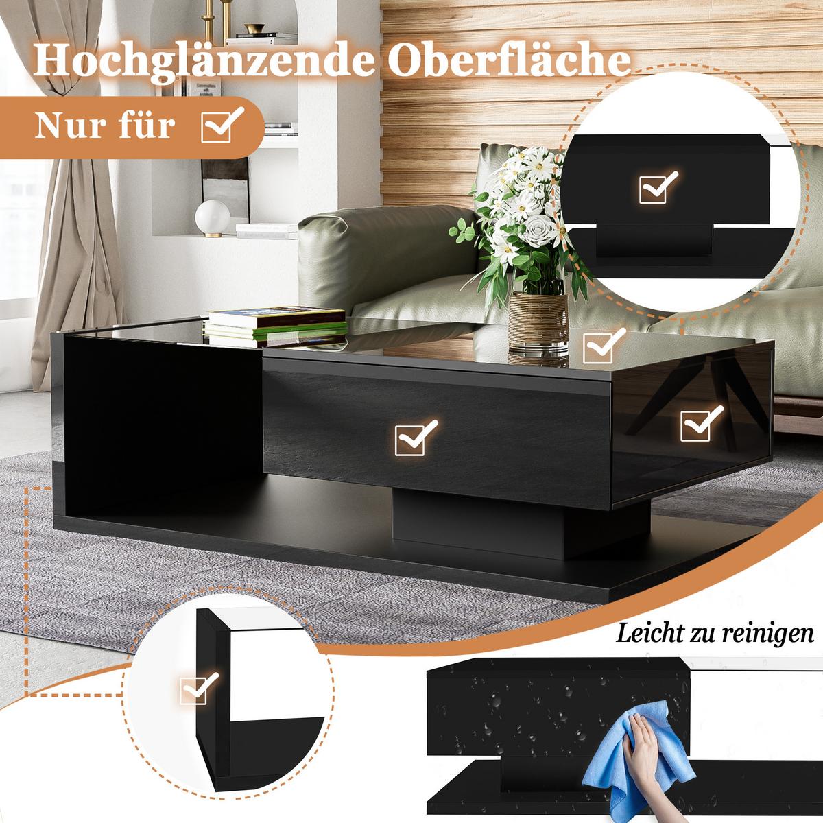 COUCHTISCH Hochglanz Schwarz mit Glas, LED-Beleuchtung & Stauraum - Schwarz, Holzwerkstoff (55/105/32.5cm) - Urban Meuble
