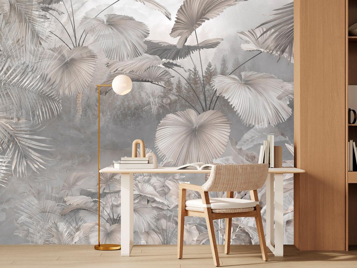 FOTOTAPETE für Wohnzimmer Tropische Blätter Dschungel Palmen Grau 250x175 - Beige/Grau, Papier (250/175cm) - Muralo