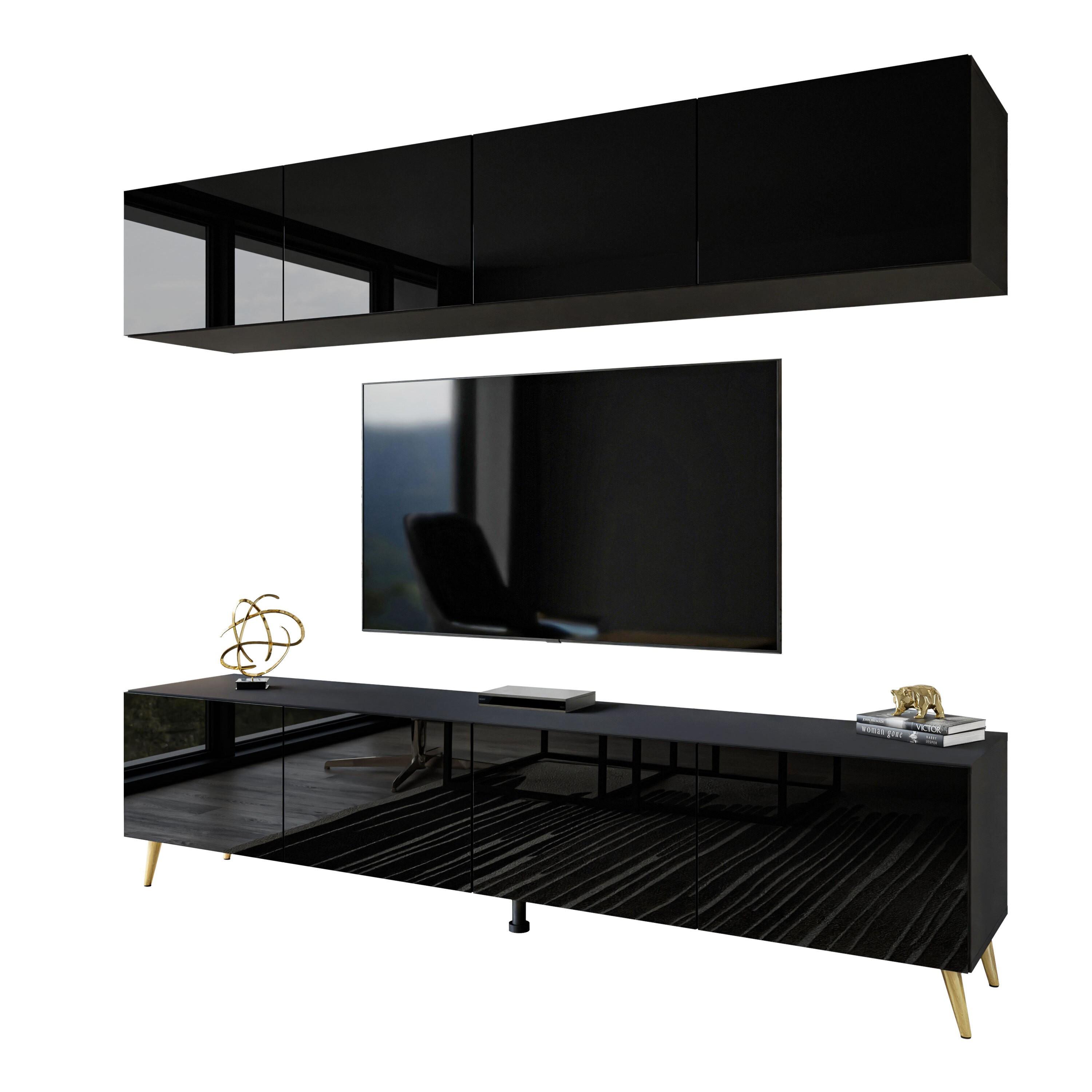 WOHNWÄNDE AURA PUSH-OPEN Schwarz Hochglanz – Füße in Gold - Goldfarben/Schwarz, Holzwerkstoff (200/49/40cm) - Lookway